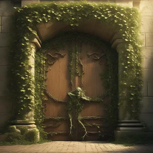 Troll angry laying at tall castle doors entrapped by live ivy that grows from the ceiling in fantasy style