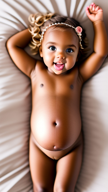 Realistic, detailed, 3-year-old blonde girl, pregnant, tan wedding outfit, showing belly, laying in bed, top down full body view, red blush, dark skin, mouth open,  in custom style