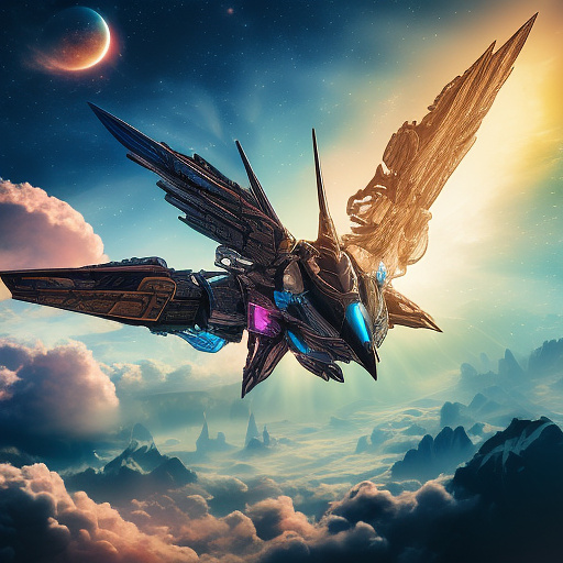A cheerful transformer flies through space against the backdrop of planets. in angelcore style