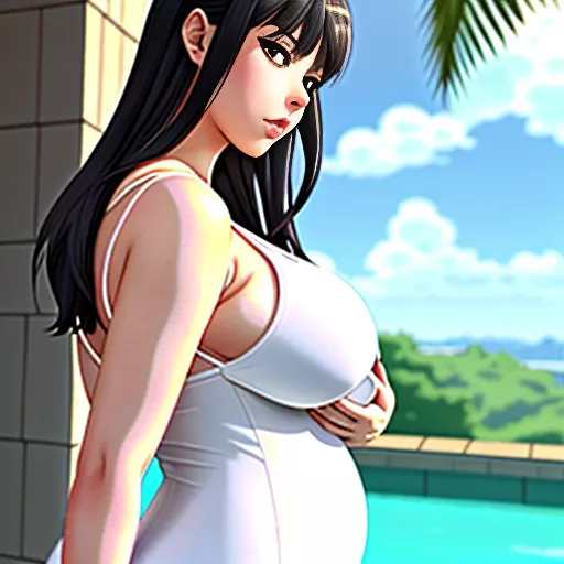 Curvy woman in white swimsuit carrying a baby (boy), from side, full body, in anime style