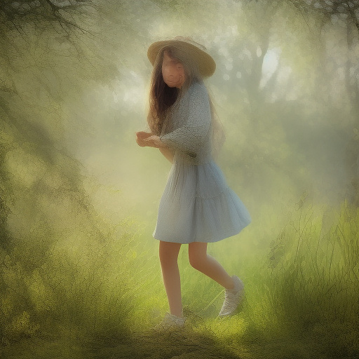 A girl is skipping across a sunny lawn. she has a basket in her hands and a hat on her head. in custom style