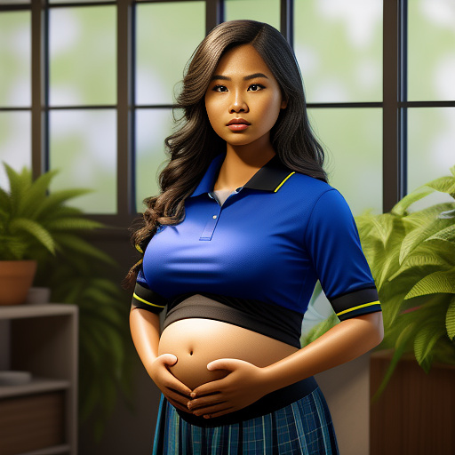 A pregnant filipina teen student in uniform bracing herself against a chair showing her pregnant belly 
 heavily pregnant poor clothes in realistic style