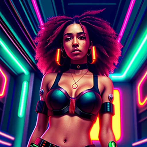 Girl with dark skin, bright red eyes, gold jewelry, and long curly, dark red hair in cyberpunk style