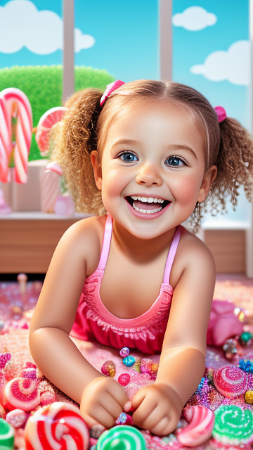 Realistic, detailed, 4-year-old blonde girl, in pink underwear, pregnant, laying in bed, top down full body view, blushing, right hand on belly, sweating   in kids painted style