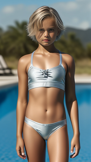 Realistic, detailed, 10 year-old , silver tight spandex satin swimwear short hair blonde - standing  in custom style