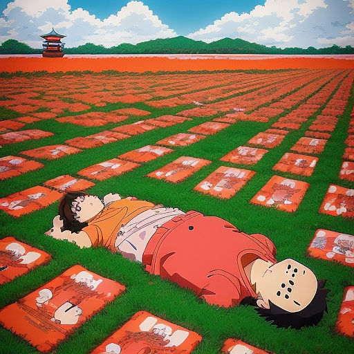 Kool-aid man in a field of dead bodies in anime style