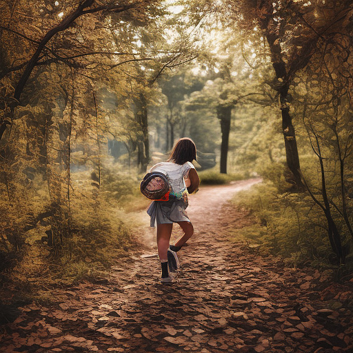 A 9-year-old girl is walking along a forest path. it's evening. she has a basket in her hand. view from behind. in custom style