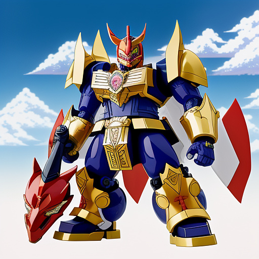 A power ranger megazord with a red lion zord for the chest a blue dragon zord for wings and head that looks like a knights helmet a yellow horse zord for the two legs a pink eagle zord for the left arm and a green wolf zord for the right arm keep all of the colors to there parts of the zords in anime style