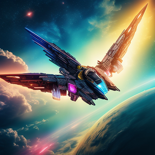 A cheerful transformer flies through space against the backdrop of planets. in angelcore style
