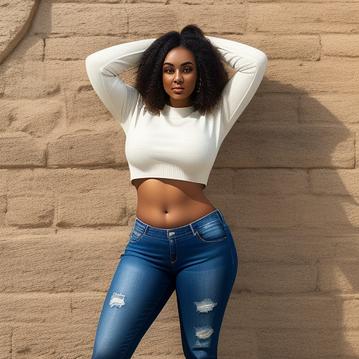 Curvy brunette college student with her arms up in a loose long sleeve cropped sweater and long jeans pants and showing her belly and full body portrait  in egypt style