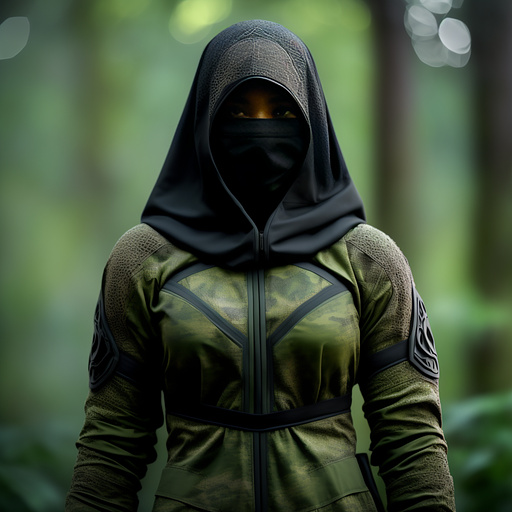 Intricate and organic tactical garb, with advanced ballistic properties, with very deep stunning hood and veiling cloth mask; faceless and mysterious; with hi-tech digital camouflage in natural siamese colors; stained with blood and sand in realistic style