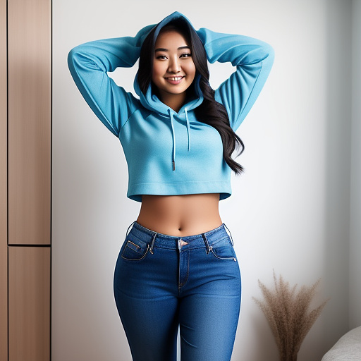 Sexy curvy asian college student with her arms up and in a very loose long sleeve cropped hoodie and long jeans pants and showing her whole belly and standing in the bedroom in custom style