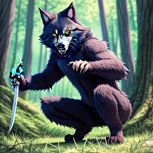 Werewolf on 2 legs holding a knife in a forest in anime style