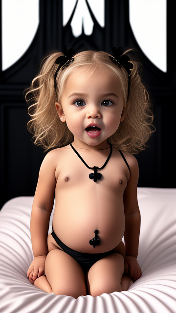 Realistic, detailed, 4-year-old blonde girl, pregnant, tan wedding outfit, showing belly, laying in bed, top down full body view, red blush, tan skin, mouth open, milk in mouth  in gothic style