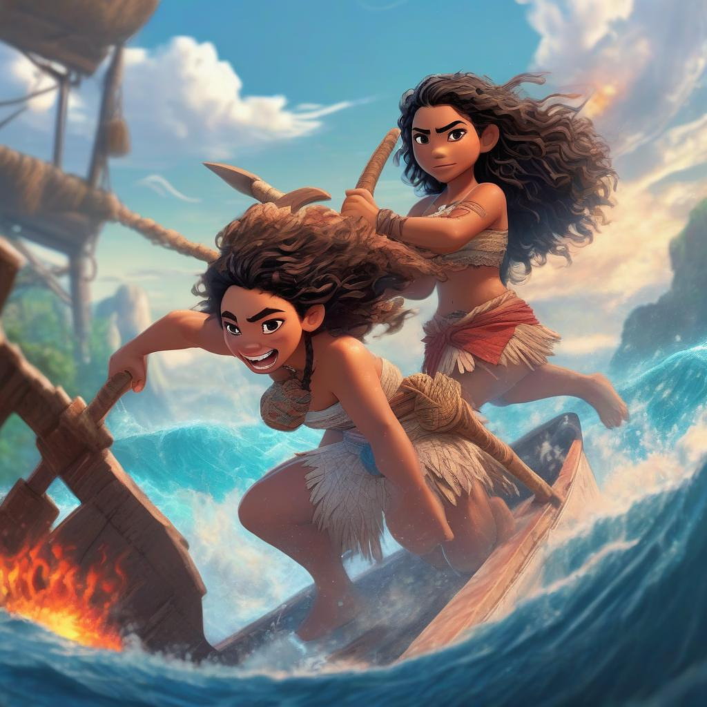 Moana in raft in sea fighting a fire demon anime