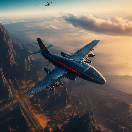 An airplane is flying. people are falling out of it. in sci-fi style