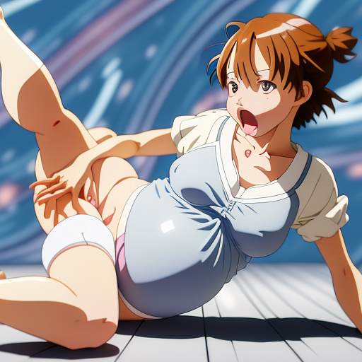 Girl giving birth. legs spread out. pregnant bump. screaming. short tomboy hairstyle. in anime style