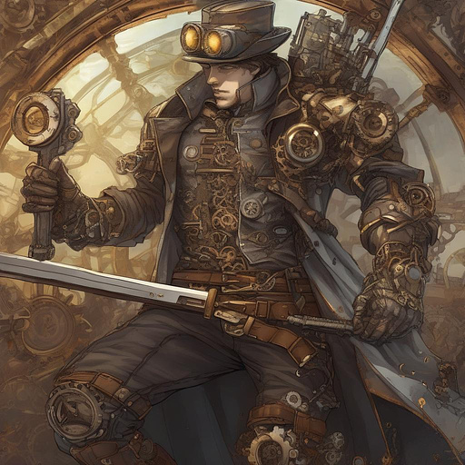  a  hero dying from a sword wound  in steampunk style