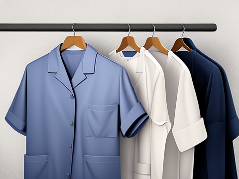 Create an image of a nurse's uniform hanging on a coat rack. the uniform should include typical elements such as a scrub top, scrub pants, and a stethoscope draped over the hanger. the background should be simple and uncluttered, allowing the focus to remain on the uniform. style: realistic, clean, professional.
 in custom style