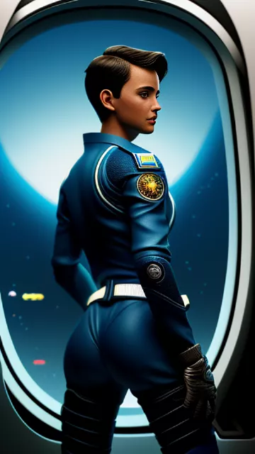 Young, pretty space force pilot with short hair posing for a photograph as seen from behind while looking at the moon through a window from the cockpit of a spaceship.
 in angelcore style