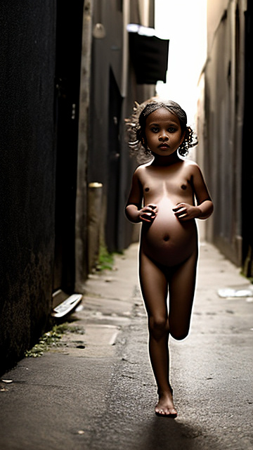 7-years-old, pregnant, nude, running, alleyway in custom style