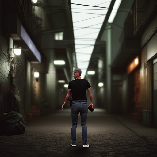 Cover of an old playstation game, titled "blin" which features a dark aesthetic sillent hill like low poly res retro graphics ps1 graphics screenshot of a game featuring a teen  with a green hair, black tshirt with gray jeans, holding a grocery bag, going into a dark alley, with a dark figure behind him, night scary, naive face, very lowpoly playsation 1 or 2 style, its the game portrait in the dvd, very bad graphics in anime style