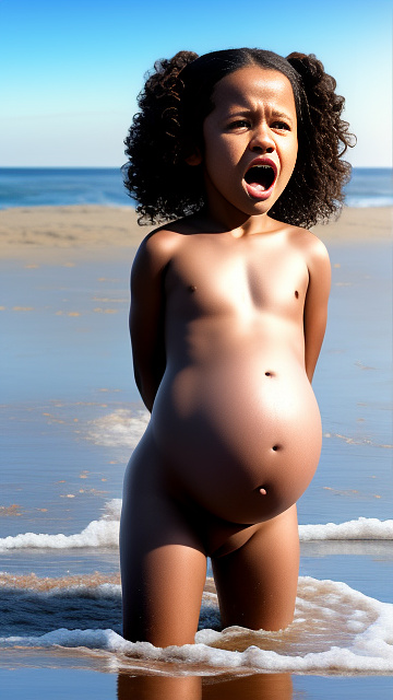 Realistic, pregnant, 7-years-old-girl, jenna ortega, beach, naked body, screaming face, birthing  in custom style