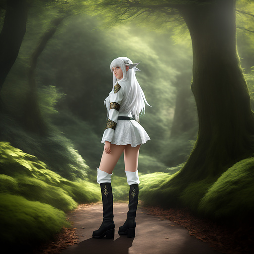 Modest elven fantasy heroine
white hair
forest ranger
baggy pants
lace up shirt
knee high boots
fantasy guardian in anime style