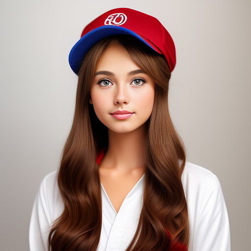 A girl with light brown hair and blue eyes wearing a red hat with a feather on it. in anime style