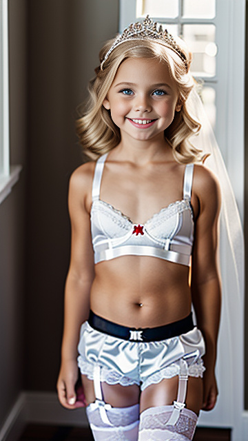 White blond 4 year old girl, tight shorts , blond,  bra, garter belt, smiling, bridal tiara, stockings
 in custom style