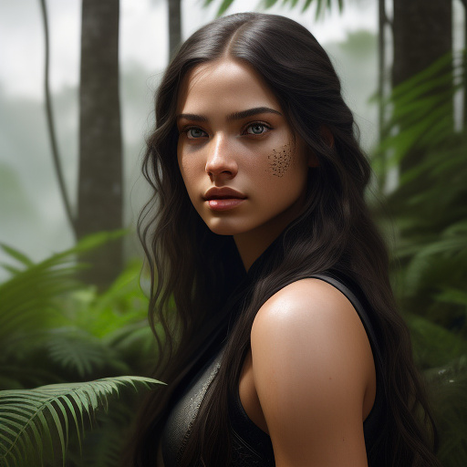 A young woman with long dark hair, beautiful detailed eyes, beautiful detailed lips, extremely detailed face and skin, longeyelashes, wearing a sexy combat outfit, holding a very detailed blaster pistol, raiding an imperial convoy in a lush jungle, action pose, cinematic lighting, dramatic colors, (best quality,4k,8k,highres,masterpiece:1.2),ultra-detailed,(realistic,photorealistic,photo-realistic:1.37),science fiction,concept art in custom style