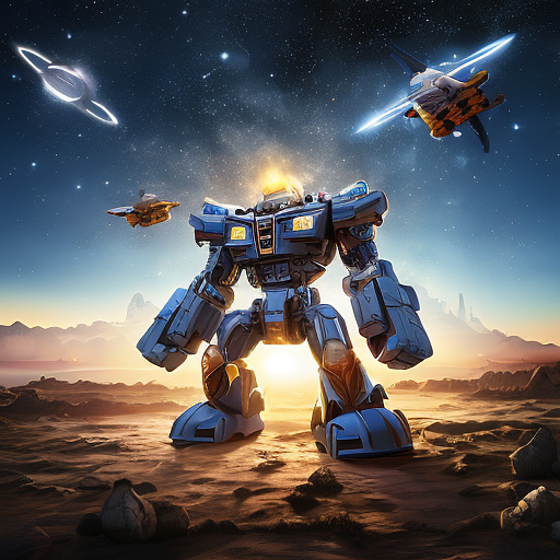 A cheerful transformer flies through space against the backdrop of planets. in disney painted style
