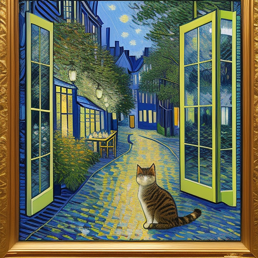 Cat sitting in the window in neo impressionism style