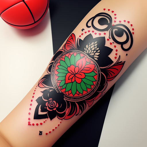 Generate the illustration of a tattoo that combines a tennis ball and a heart in anime style