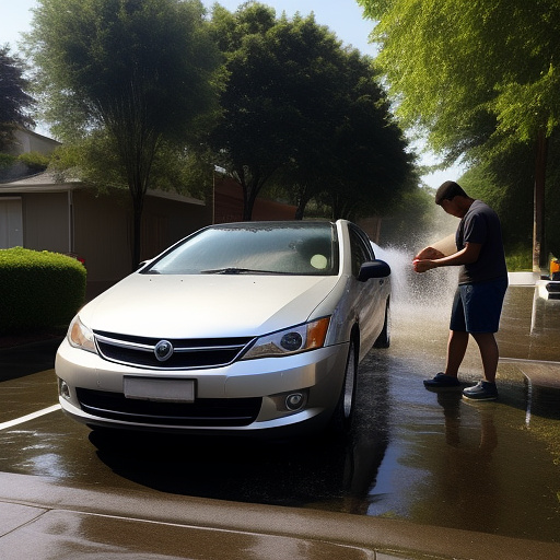 A man washes his car parked along a sidewalk. in custom style