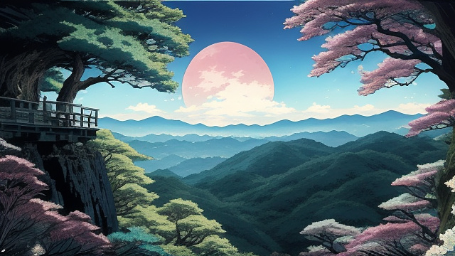 Forest on top of a cliff at night and a moon in the front. point of view at the edge of the cliff in anime style