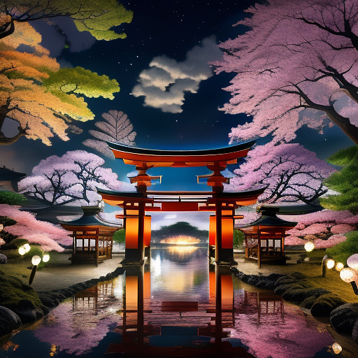 100 japanese lanterns in rainbow colors forming an arch of 2m high, 2m long, 1.5m large in a field. in anime style