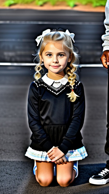 White, blonde, very cute, girl 7 years old , girl on her knees next to black uncle who is standing, both people shown in picture, in custom style