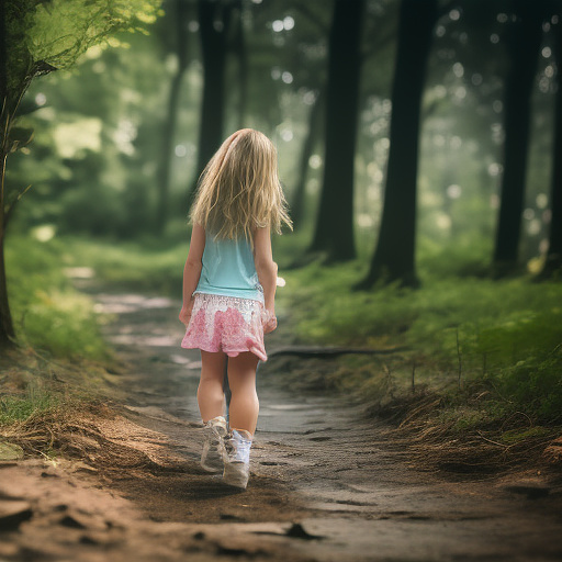 A 9-year-old girl is walking along a forest path. it's evening. she has a basket in her hand. view from behind. in custom style
