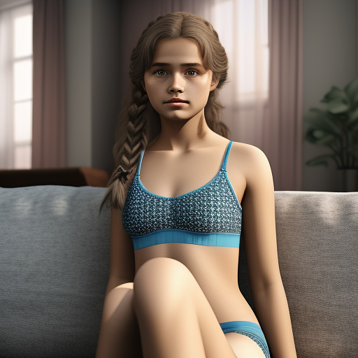 Ultra realistic a 15 year old german girl sits on the sofa in the living room in cute childlike underwear in custom style