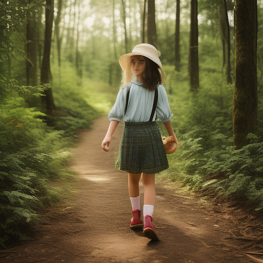 A girl is skipping along a forest path. she has a basket in her hands and a sun hat on her head. in custom style