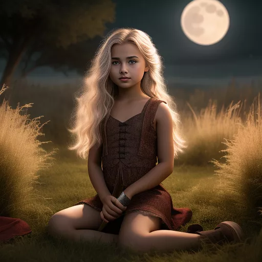 A girl sitting in a grassy field under the full moon’s light with a bloody dagger in her hand in disney painted style