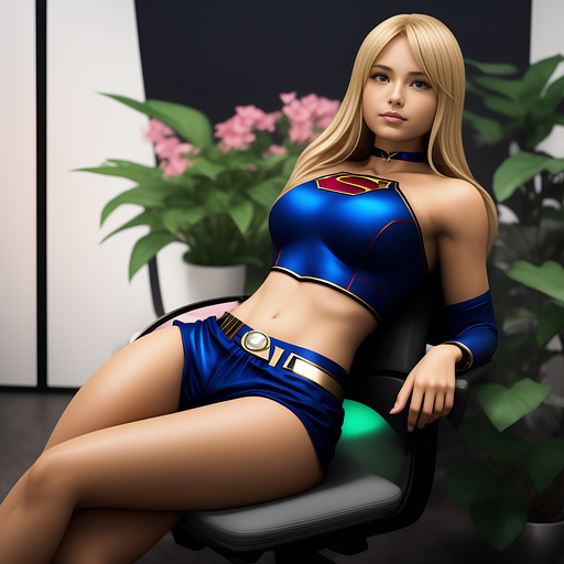 Supergirl, blonde, wearing shorts, sat in chair, vr headset, wrists bound, chains, sexy, swedish model in anime style