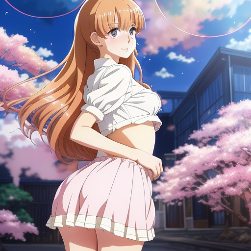 Girl with tight blouse and inflating skirt getting blown in in anime style