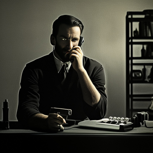 In a dark room, there is a telephone and a gun on the table. a man is sitting on a chair, and he is dead. in custom style