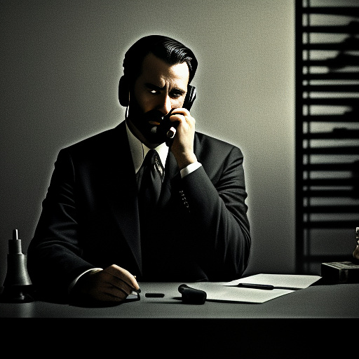 In a dark room, there is a telephone and a gun on the table. a man is sitting on a chair, and he is dead. in custom style