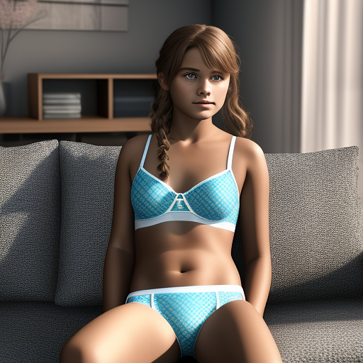Ultra realistic a cute 14 year old german girl sits on the sofa in the living room in sexy underwear in custom style