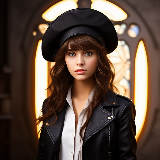 A portrait of a girl with brown hair and side-swept bangs looking over her shoulder. she has a black beret with a brim, a black leather jacket, and a white dress shirt. she has a dark red scar on her left cheek. in angelcore style