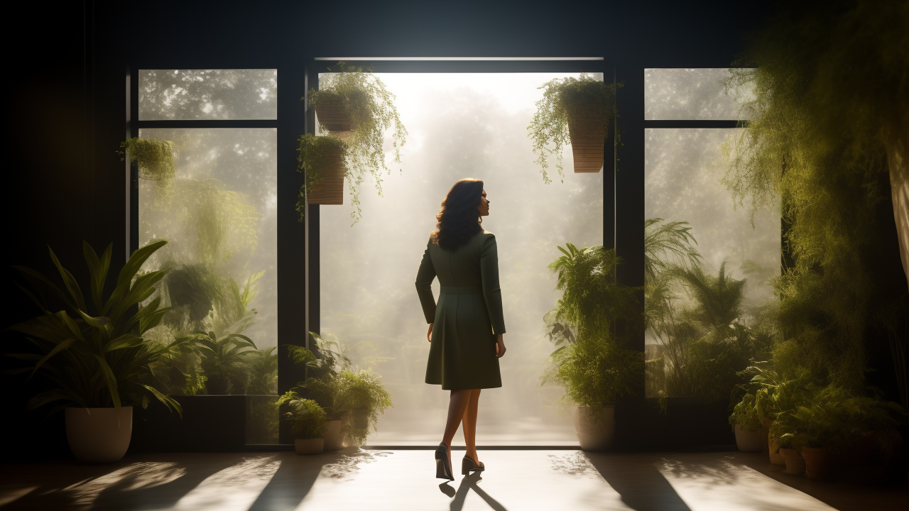 Back view of a confident telugu businesswoman walking in a full-length khaki formal bodycon dress with slim self-checks. a clean composition, well-lit with sharp details, uncluttered background, and even natural lighting that enhances the textures and colors of the dress and hair. in realistic style