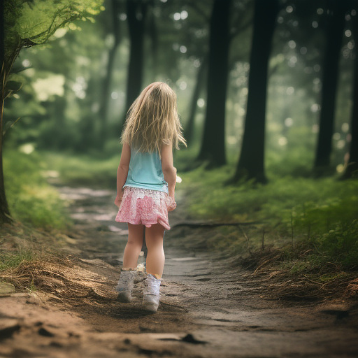A 9-year-old girl is walking along a forest path. it's evening. she has a basket in her hand. view from behind. in custom style